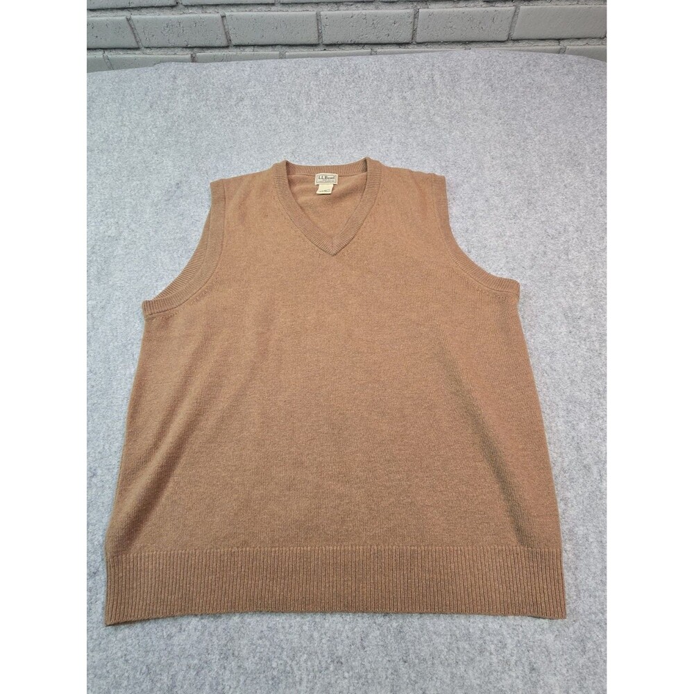 L.L. BEAN MENS VINTAGE LAMBS WOOL SWEATER VEST TAN BROWN LARGE